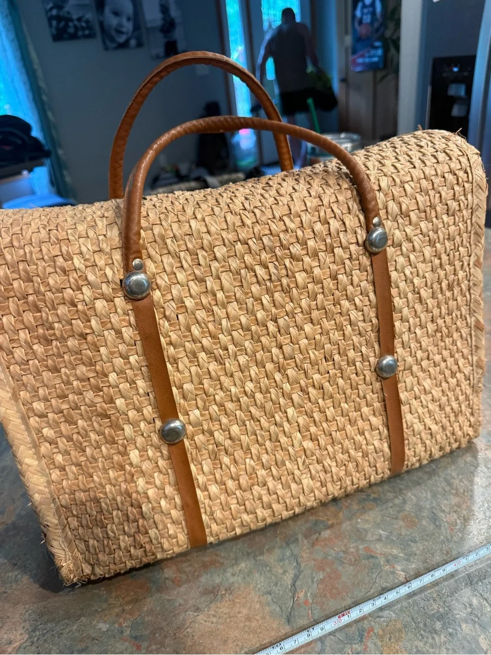 Embroidered Straw Tote Bag with Green Floral Accent